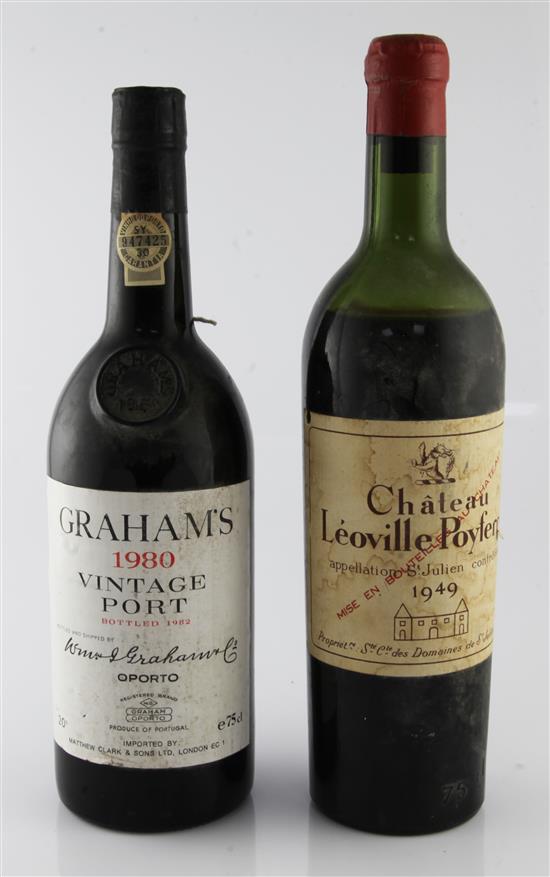 One bottle of Grahams Vintage port, 1980 and one bottle of Chateau Leoville Poyferre, 1949,